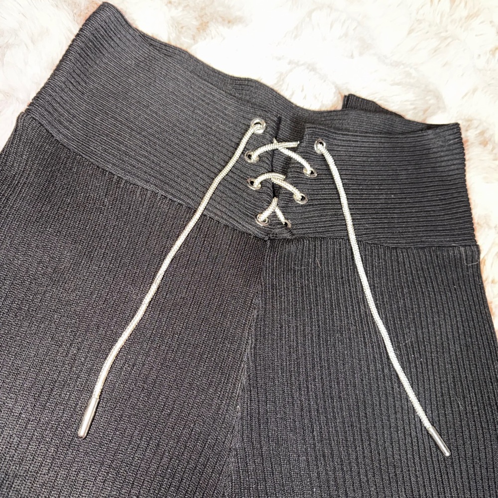 Black Ribbed Lace-Up Pants